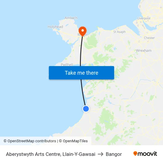 Aberystwyth Arts Centre, Llain-Y-Gawsai to Bangor map