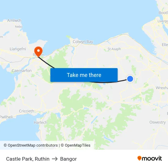 Castle Park, Ruthin to Bangor map