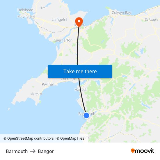 Barmouth to Bangor map