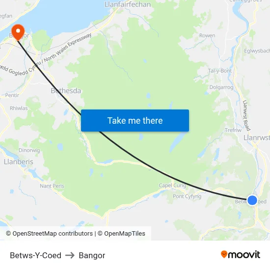 Betws-Y-Coed to Bangor map