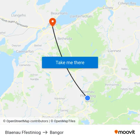 Blaenau Ffestiniog to Bangor map
