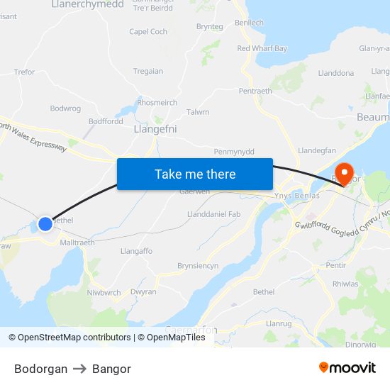 Bodorgan to Bangor map