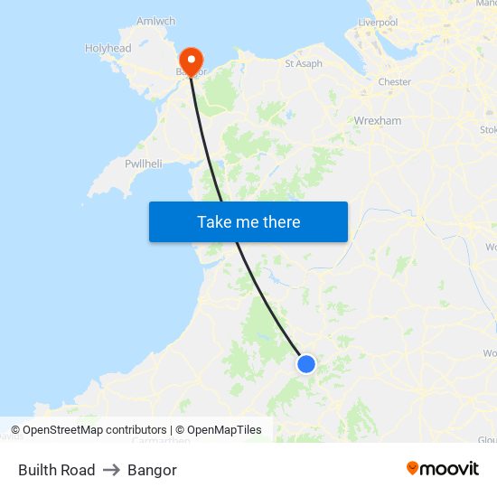 Builth Road to Bangor map