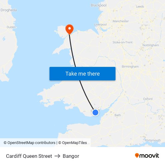 Cardiff Queen Street to Bangor map