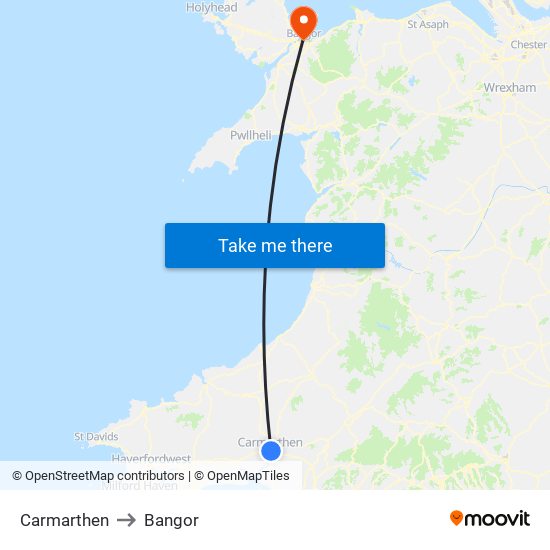 Carmarthen to Bangor map