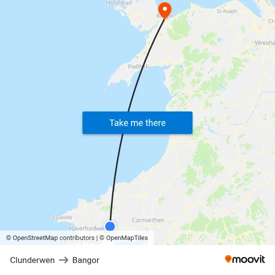 Clunderwen to Bangor map