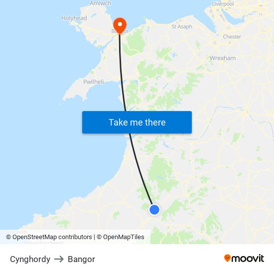 Cynghordy to Bangor map