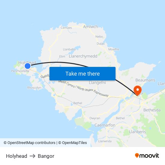 Holyhead to Bangor map