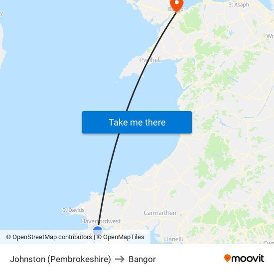 Johnston (Pembrokeshire) to Bangor map