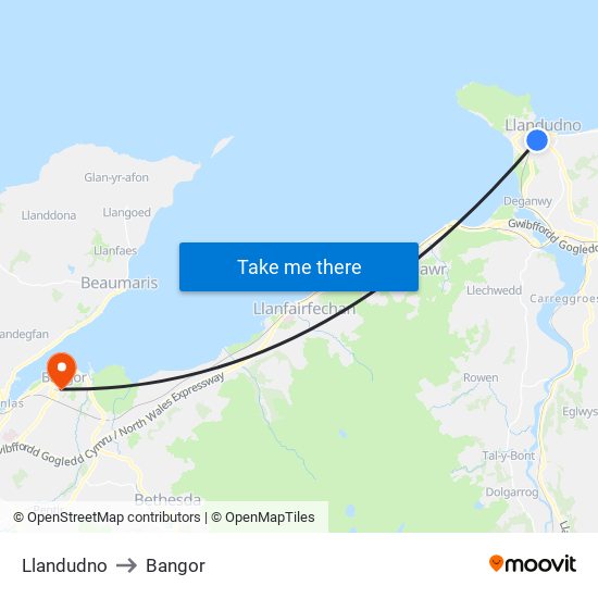 Llandudno to Bangor map