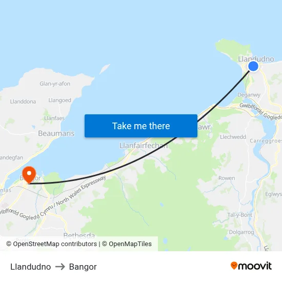 Llandudno to Bangor map