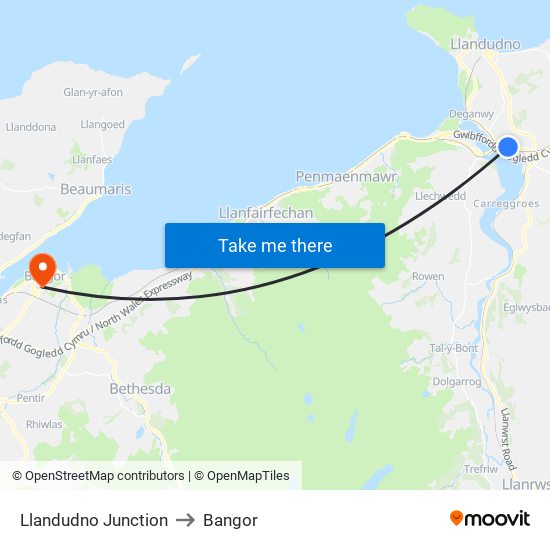 Llandudno Junction to Bangor map