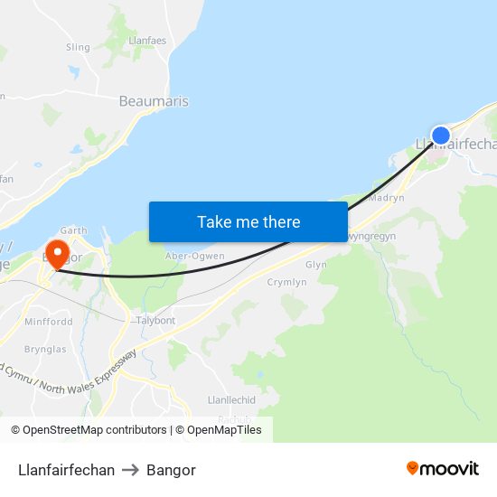 Llanfairfechan to Bangor map