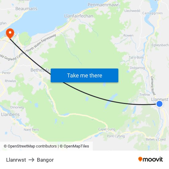 Llanrwst to Bangor map