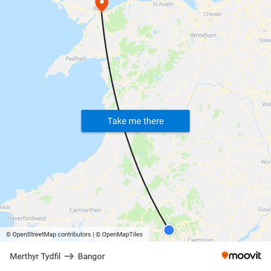 Merthyr Tydfil to Bangor map