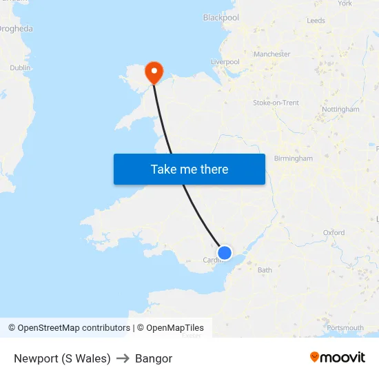 Newport (S Wales) to Bangor map