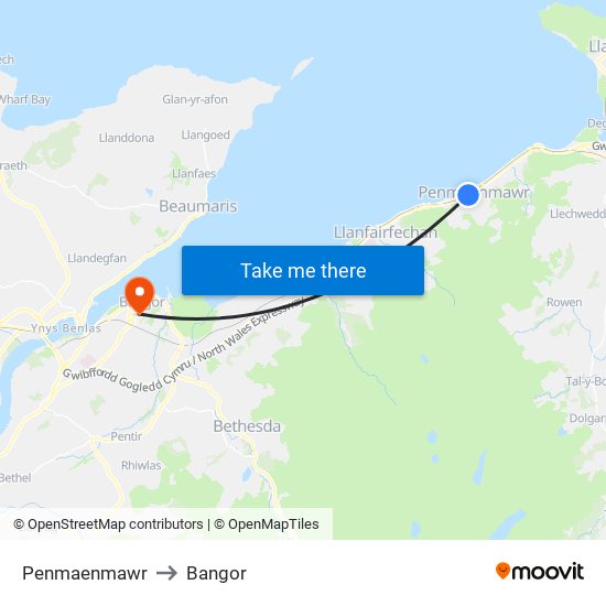 Penmaenmawr to Bangor map