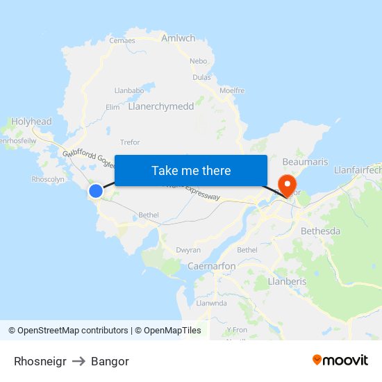 Rhosneigr to Bangor map