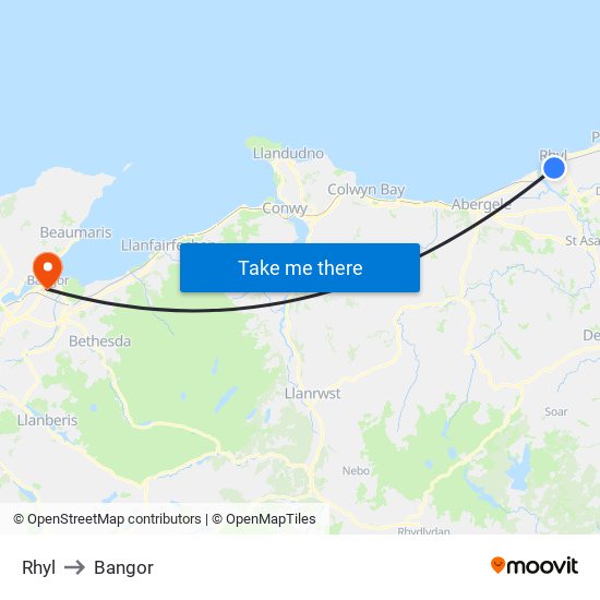 Rhyl to Bangor map