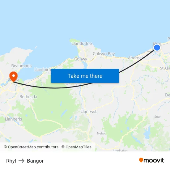 Rhyl to Bangor map