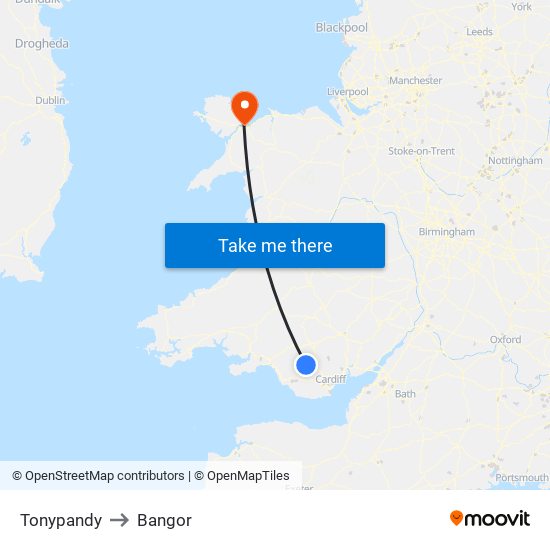 Tonypandy to Bangor map