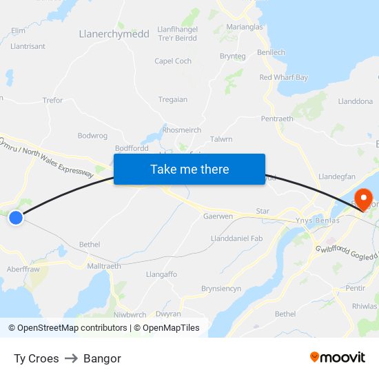 Ty Croes to Bangor map