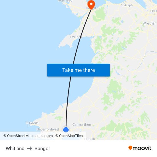Whitland to Bangor map