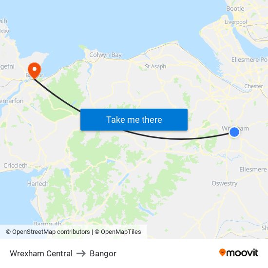 Wrexham Central to Bangor map