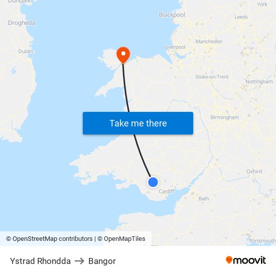 Ystrad Rhondda to Bangor map