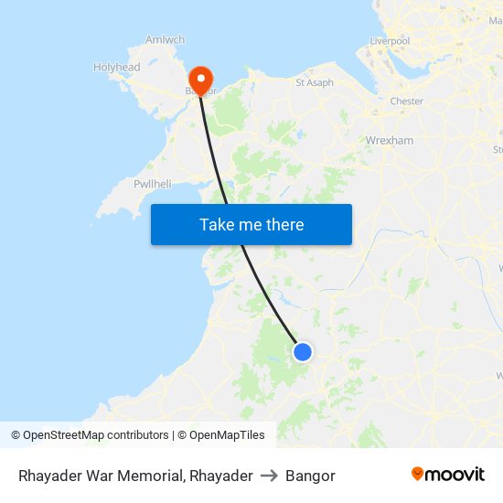 Rhayader War Memorial, Rhayader to Bangor map