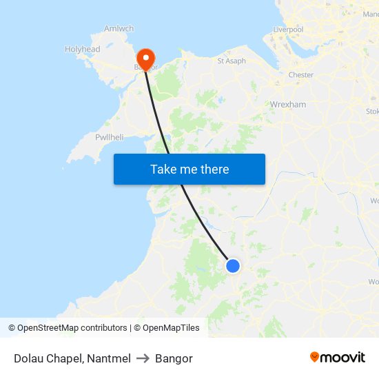 Dolau Chapel, Nantmel to Bangor map