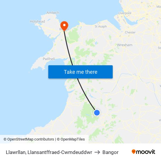 Llawrllan, Llansantffraed-Cwmdeuddwr to Bangor map