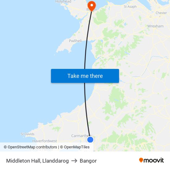 Middleton Hall, Llanddarog to Bangor map