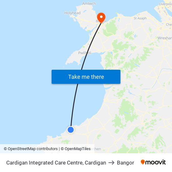 Cardigan Integrated Care Centre, Cardigan to Bangor map