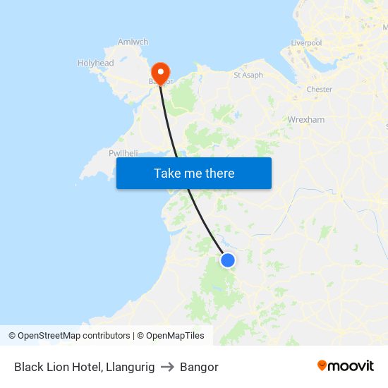 Black Lion Hotel, Llangurig to Bangor map