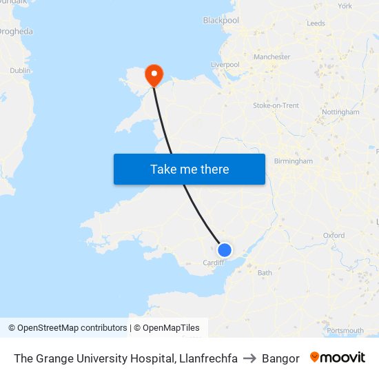 The Grange University Hospital, Llanfrechfa to Bangor map