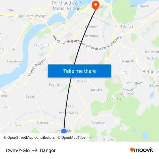 Cwm-Y-Glo to Bangor map