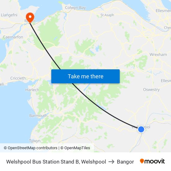 Welshpool Bus Station Stand B, Welshpool to Bangor map