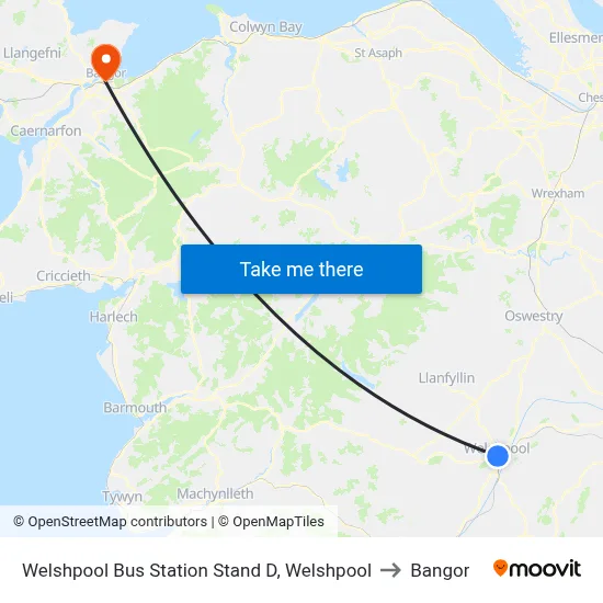 Welshpool Bus Station Stand D, Welshpool to Bangor map