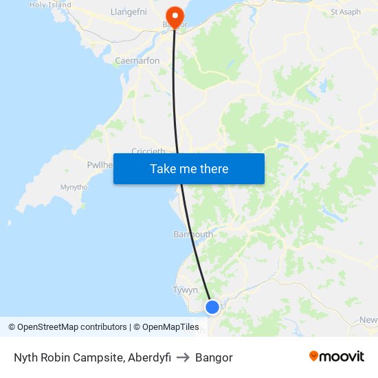 Nyth Robin Campsite, Aberdyfi to Bangor map