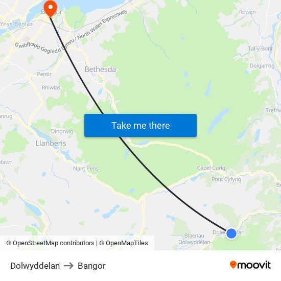 Dolwyddelan to Bangor map