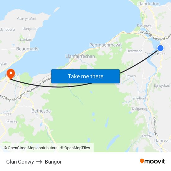 Glan Conwy to Bangor map