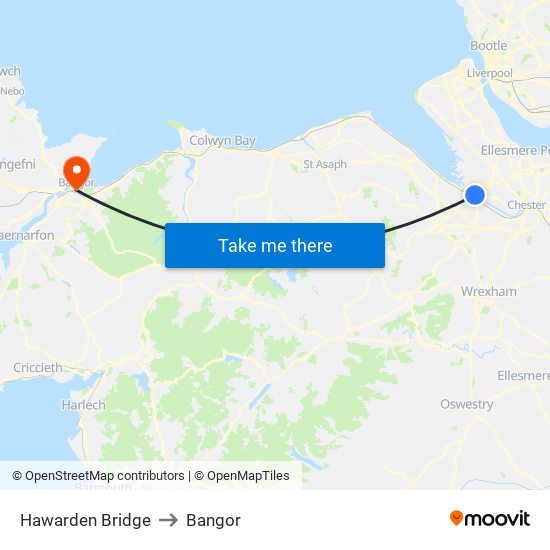 Hawarden Bridge to Bangor map