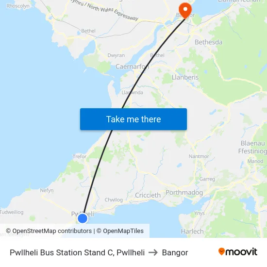 Pwllheli Bus Station Stand C, Pwllheli to Bangor map
