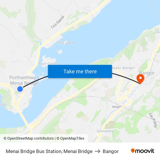 Menai Bridge Bus Station, Menai Bridge to Bangor map