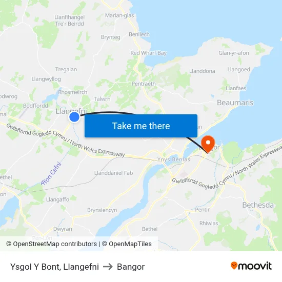 Ysgol Y Bont, Llangefni to Bangor map