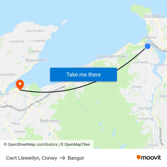 Cwrt Llewellyn, Conwy to Bangor map