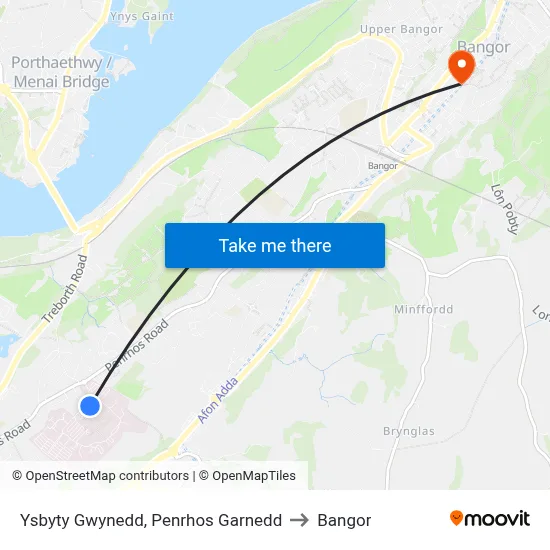 Ysbyty Gwynedd, Penrhos Garnedd to Bangor map