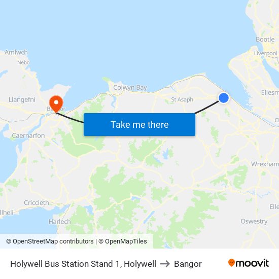 Holywell Bus Station Stand 1, Holywell to Bangor map