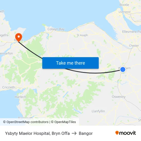Ysbyty Maelor Hospital, Bryn Offa to Bangor map